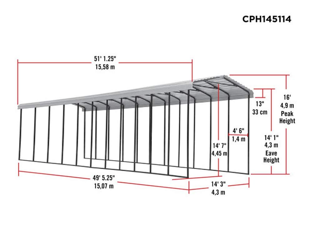 Arrow Carport, 14 ft. x 51 ft. x 14ft. Charcoal 14′ x 51′ x 14′