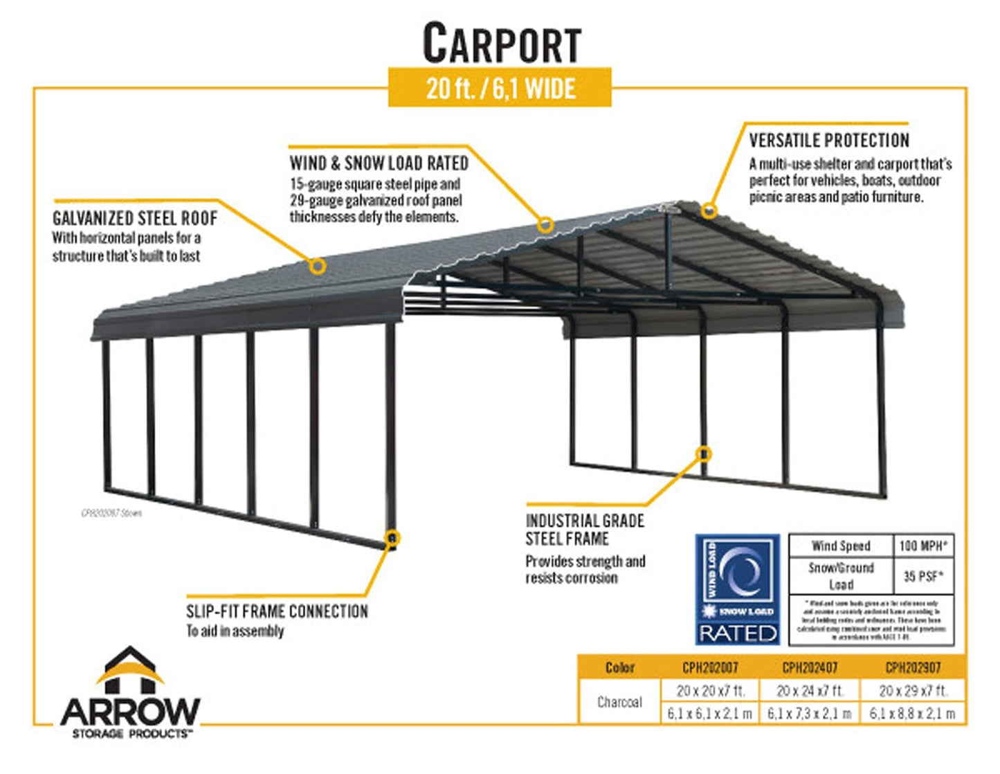 Arrow Carport, 20 ft. x 20 ft. x 7ft. Charcoal 20′ x 20′ x 7′