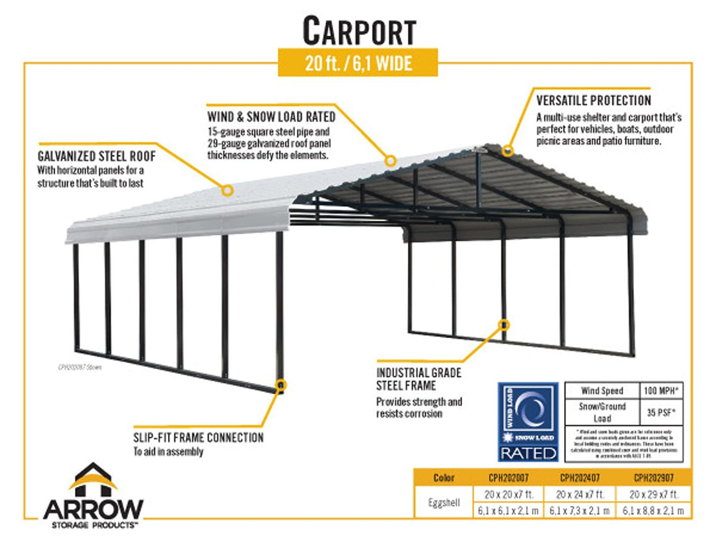 Arrow Carport, 20 ft. x 24 ft. x 7ft. Eggshell 20′ x 24′ x 7′