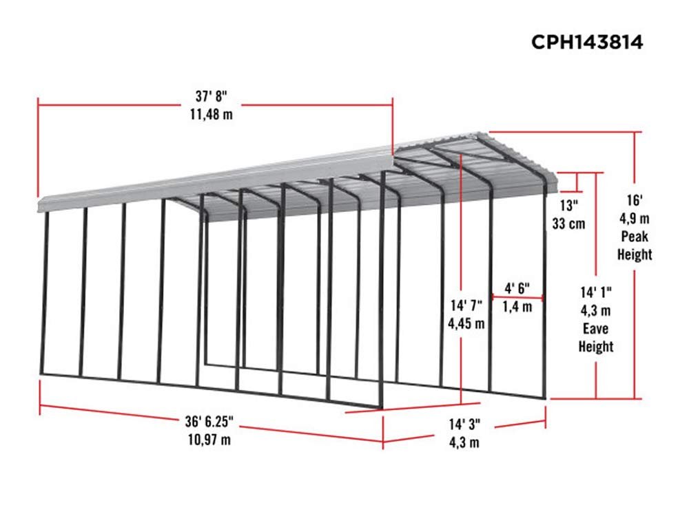 Arrow Carport, 14 ft. x 38 ft. x 14ft. Charcoal 14′ x 38′ x 14′