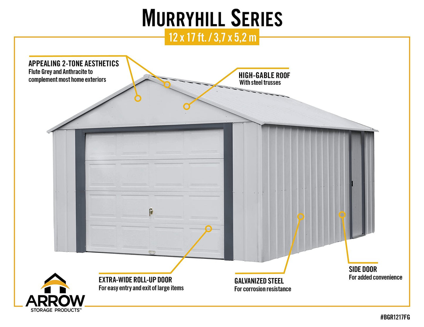 Arrow Shed 12′ x 17′ Murryhill Garage Galvanized Steel Extra Tall Walls Prefabricated Shed Storage Building, 12′ x 17′, Flute Gray