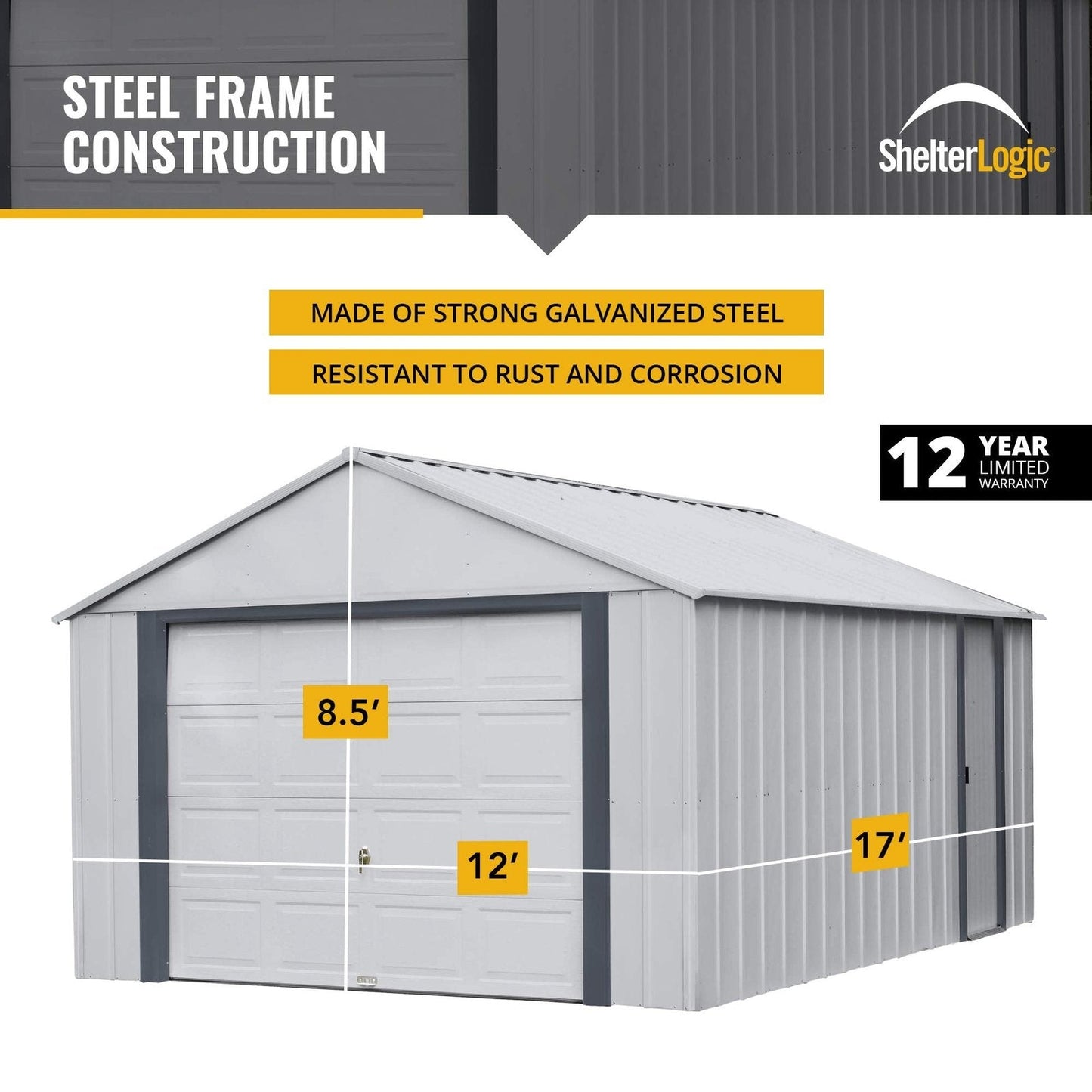 Arrow Shed 12′ x 17′ Murryhill Garage Galvanized Steel Extra Tall Walls Prefabricated Shed Storage Building, 12′ x 17′, Flute Gray