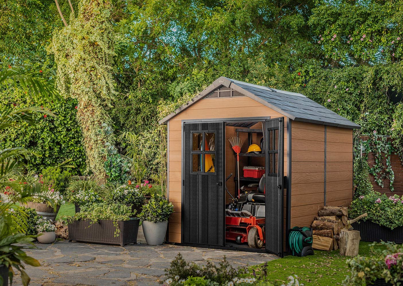 Keter Newton 7.5×9 Large Resin Outdoor Storage Shed Kit Mahogany Brown