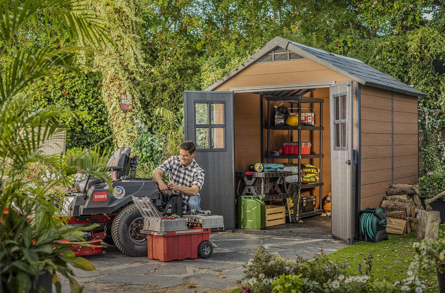 Keter Newton 7.5×9 Large Resin Outdoor Storage Shed Kit Mahogany Brown