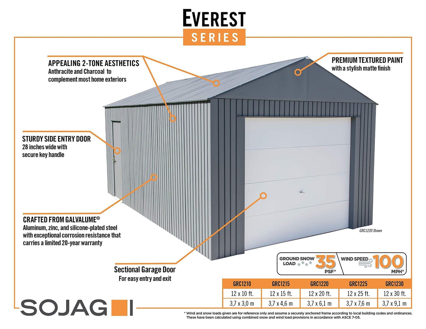 Sojag 12′ x 20′ Everest Galvalume Steel with Extra Tall Walls Garage Storage Building, Charcoal 12′ x 20′