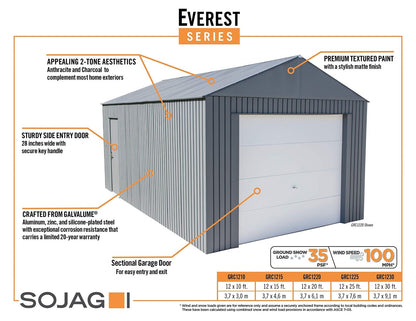 SOJAG GRC1215 Everest Wind & Snow Rated Steel Garage – 12 ft. x 15 ft. x 10 ft. Charcoal 12′ x 15′
