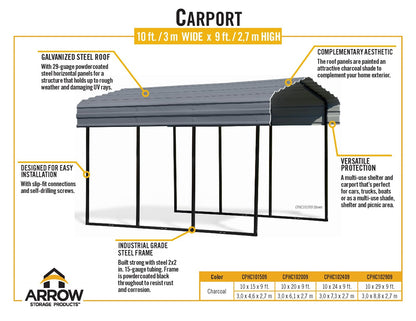 Arrow Carport, 10 ft. x 29 ft. x 9ft. Charcoal 10′ x 29′ x 9′