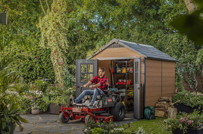Keter Newton 7.5×9 Large Resin Outdoor Storage Shed Kit Mahogany Brown