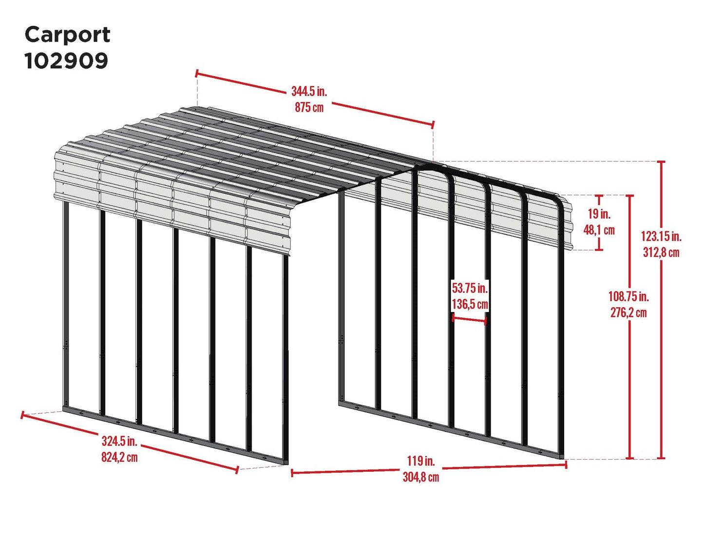 Arrow Carport, 10 ft. x 29 ft. x 9ft. Charcoal 10′ x 29′ x 9′